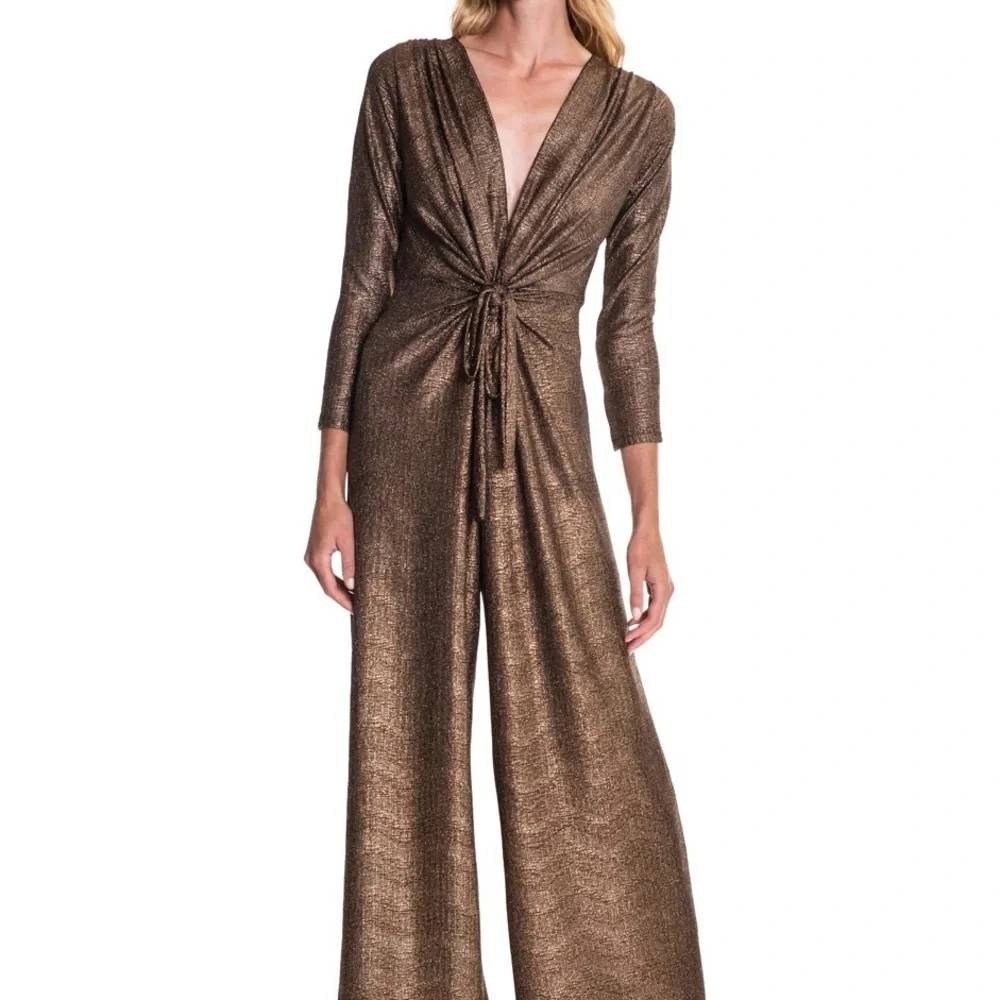 Julian Chang Womens Metallic Bronze Knot Front Wide Leg Jumpsuit Size M Stretch